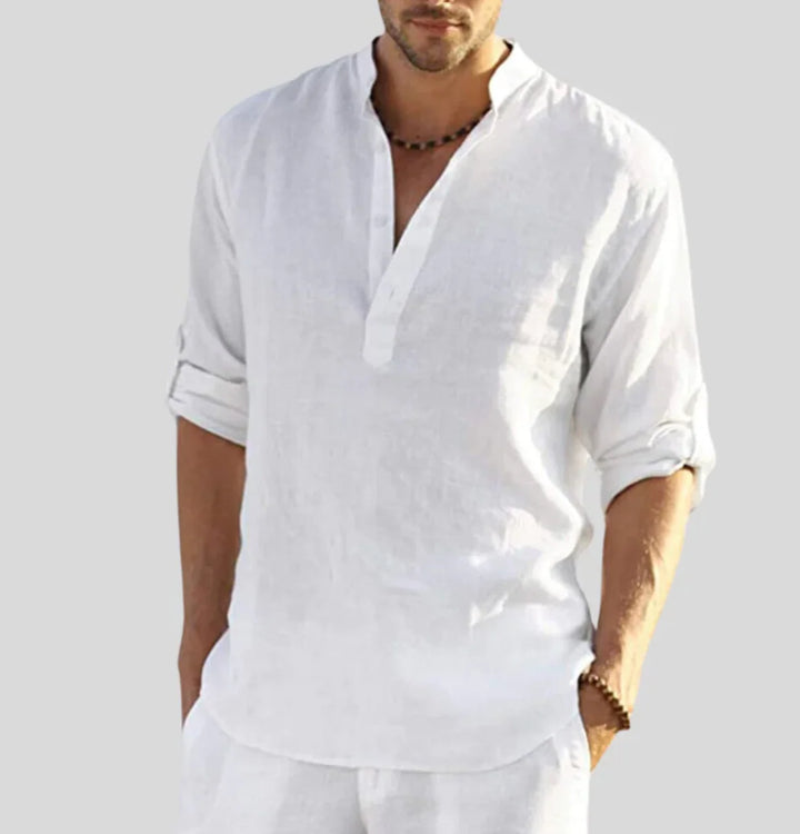 Men's relaxed shirt with open collar and band collar design in white lightweight woven fabric