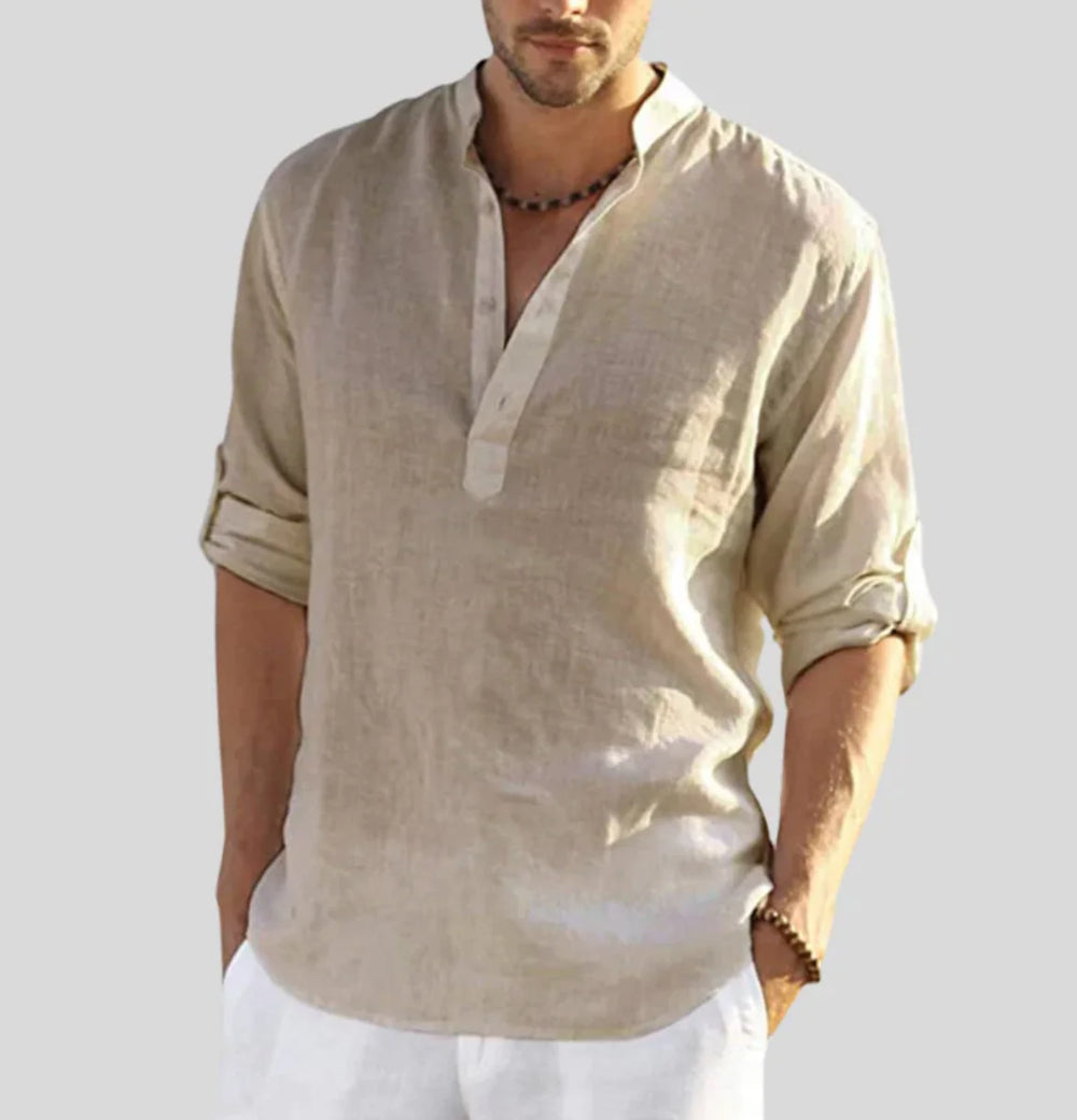 Front view of men's band collar shirt with half-placket front and long sleeves for casual wear
