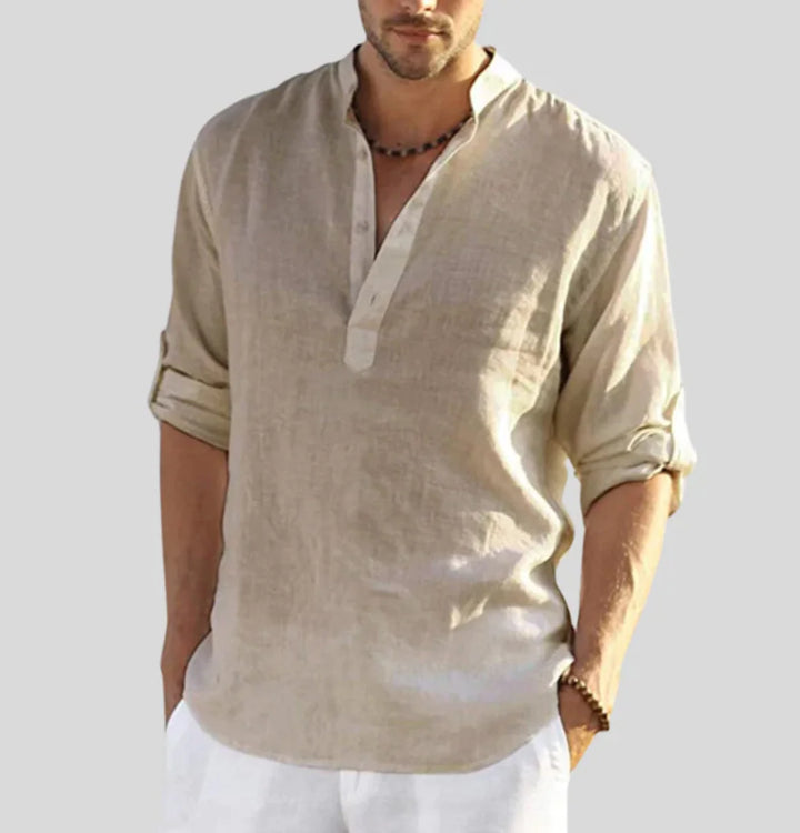 Front view of men's band collar shirt with half-placket front and long sleeves for casual wear