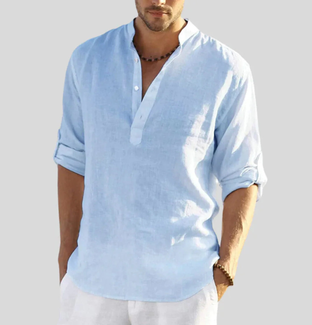 Men's open collar shirt with relaxed fit and rolled-up sleeves for warm-weather styling