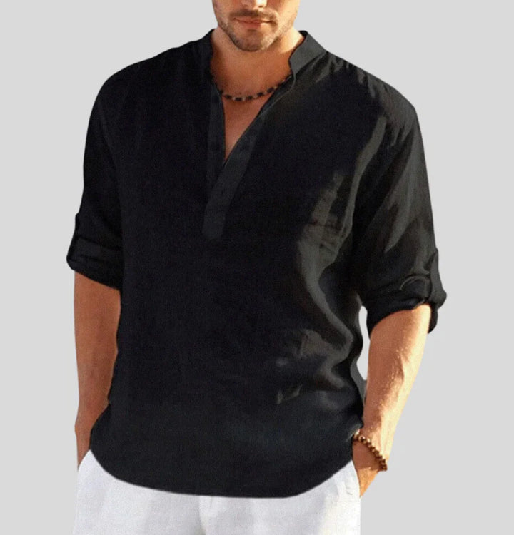Side view of men's casual shirt with band collar and lightweight fabric drape