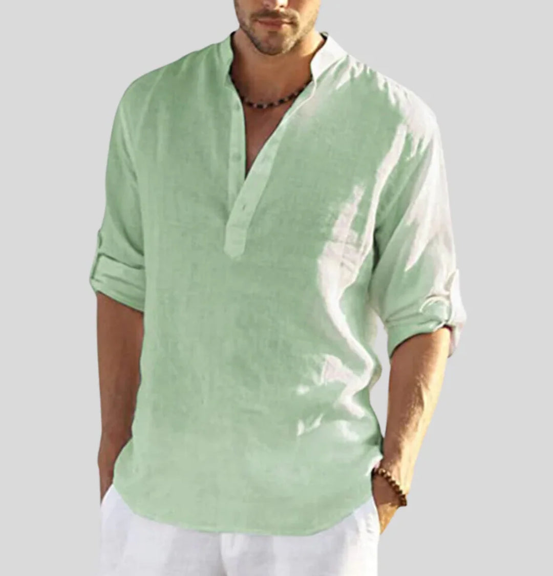 Men's relaxed shirt with clean band collar neckline and minimalist half-placket detail