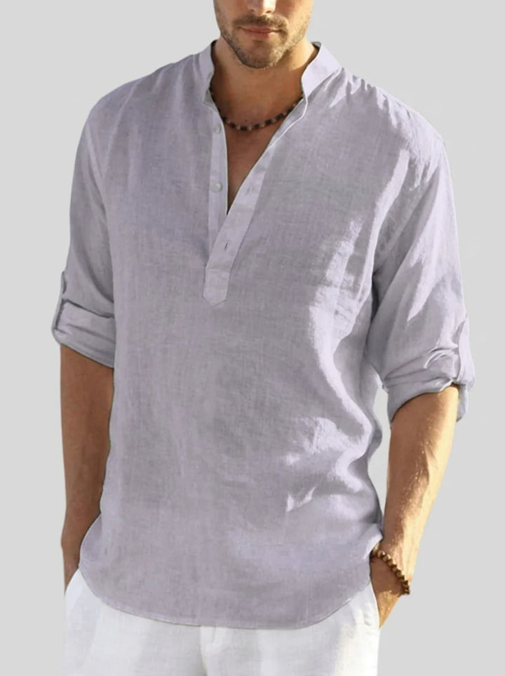 Men's band collar shirt with long sleeves and smooth finish fabric for casual outings