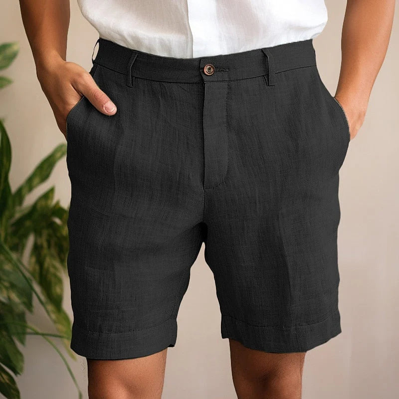 Full front view of men's relaxed fit chino shorts in neutral beige with classic tailored design