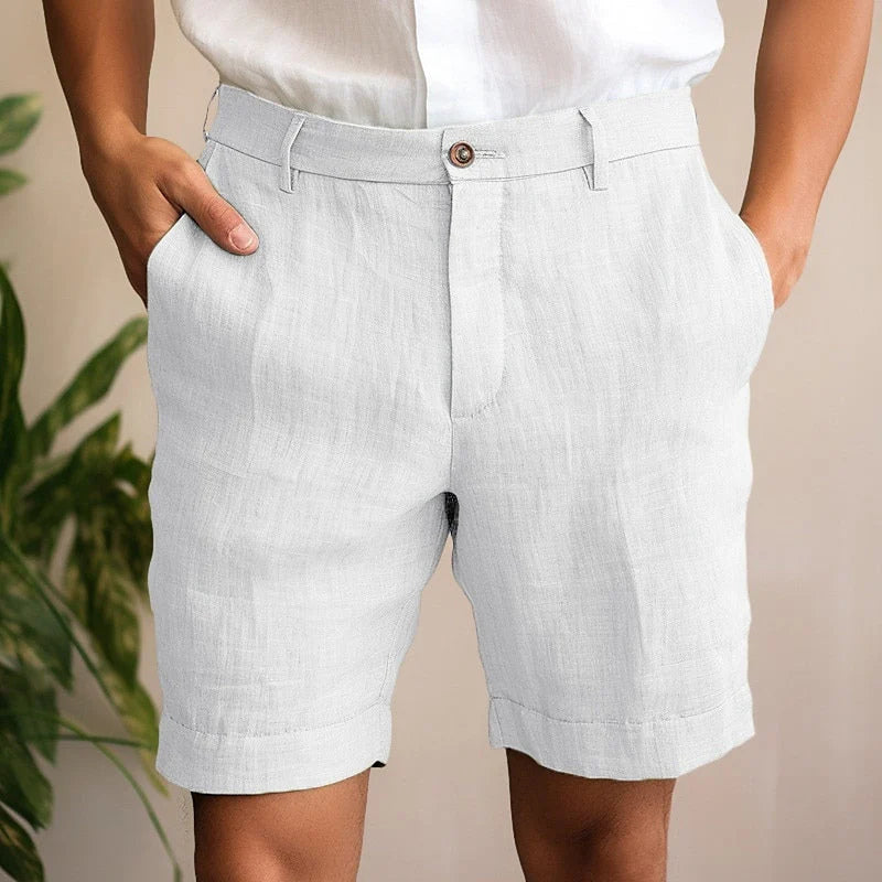 Detail shot of men's chino shorts waistband showing button closure and belt loops