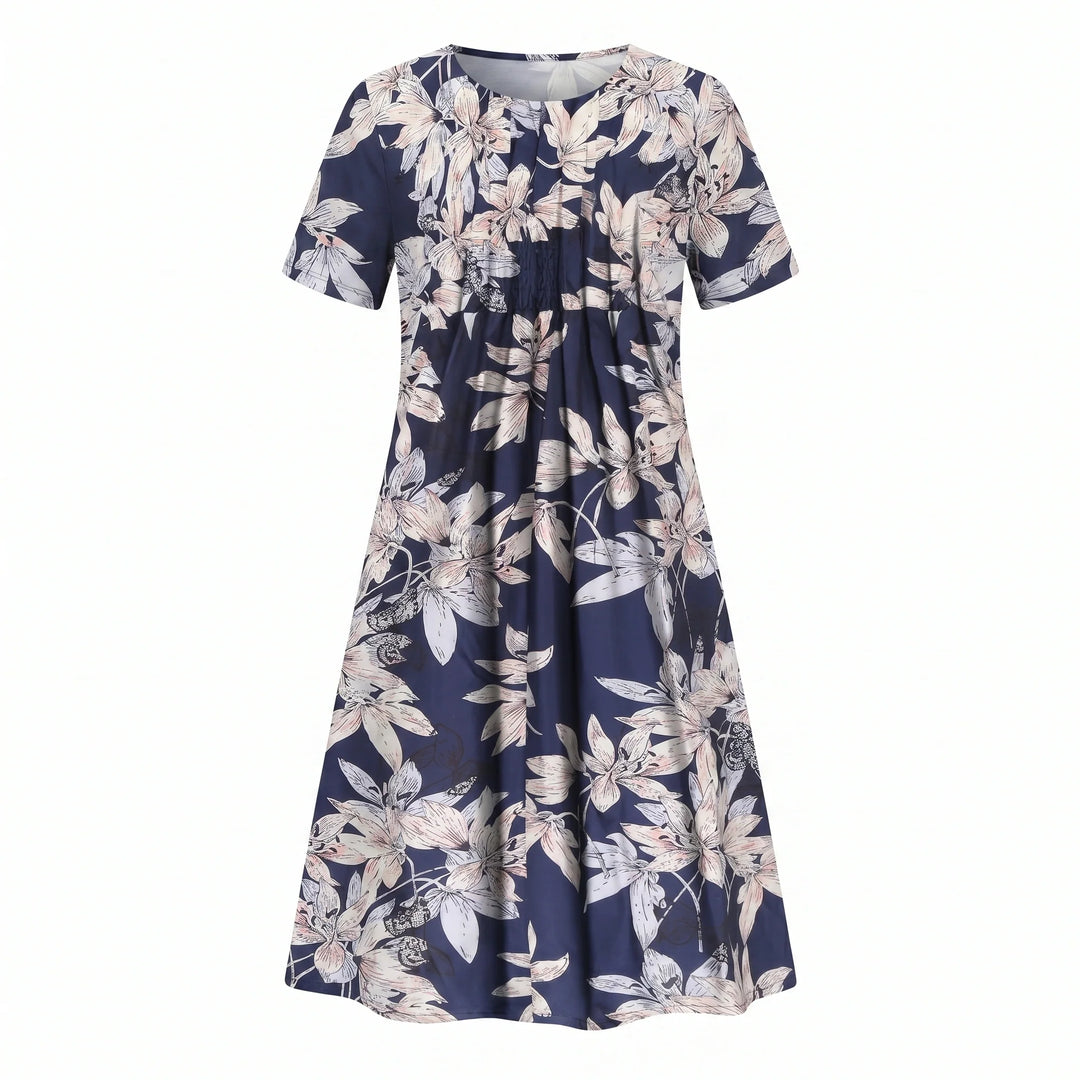Detail of floral midi dress short sleeves and shoulder seam construction