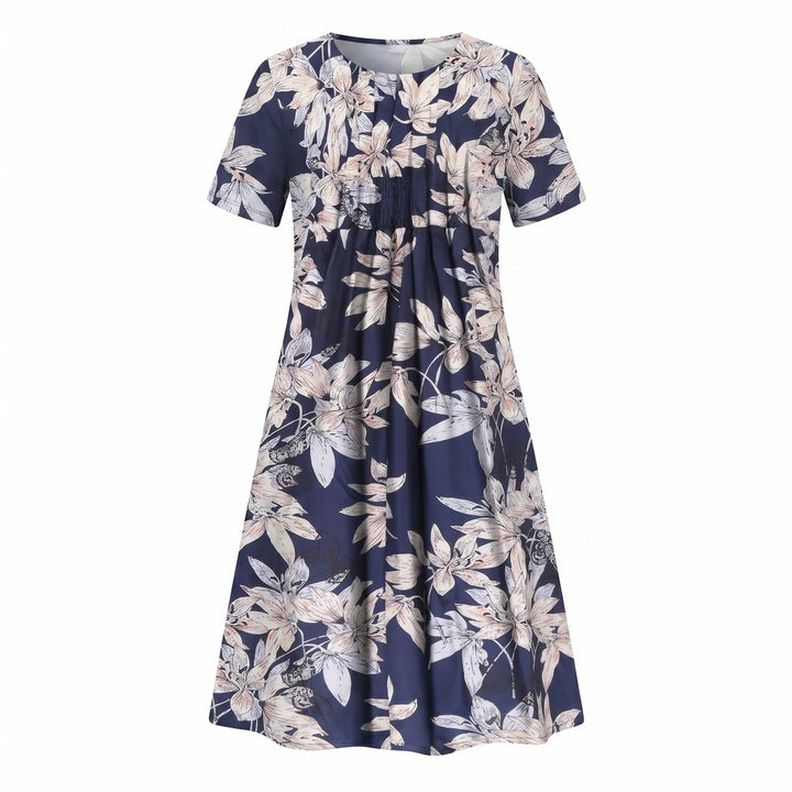 Detail of floral midi dress short sleeves and shoulder seam construction