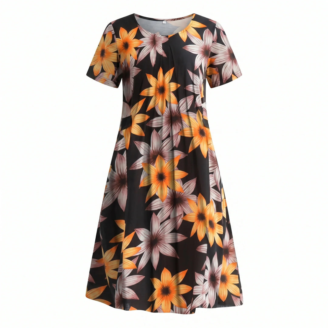 Floral midi dress hemline detail showing knee-length cut and A-line shape