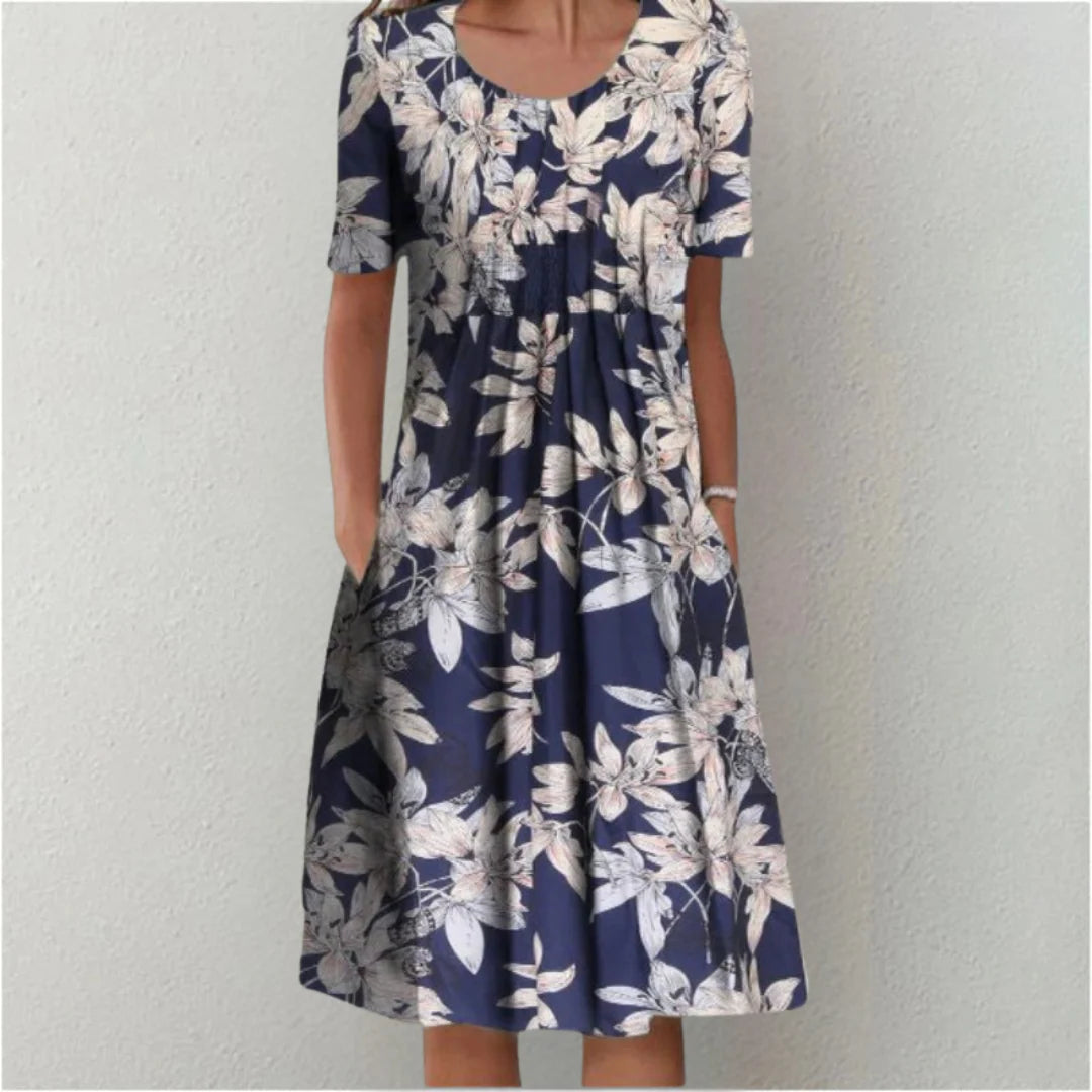 Floral midi dress displayed showing slip-on style and easy-wear design