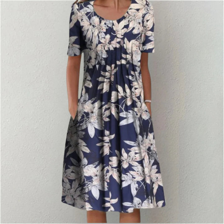 Floral midi dress displayed showing slip-on style and easy-wear design