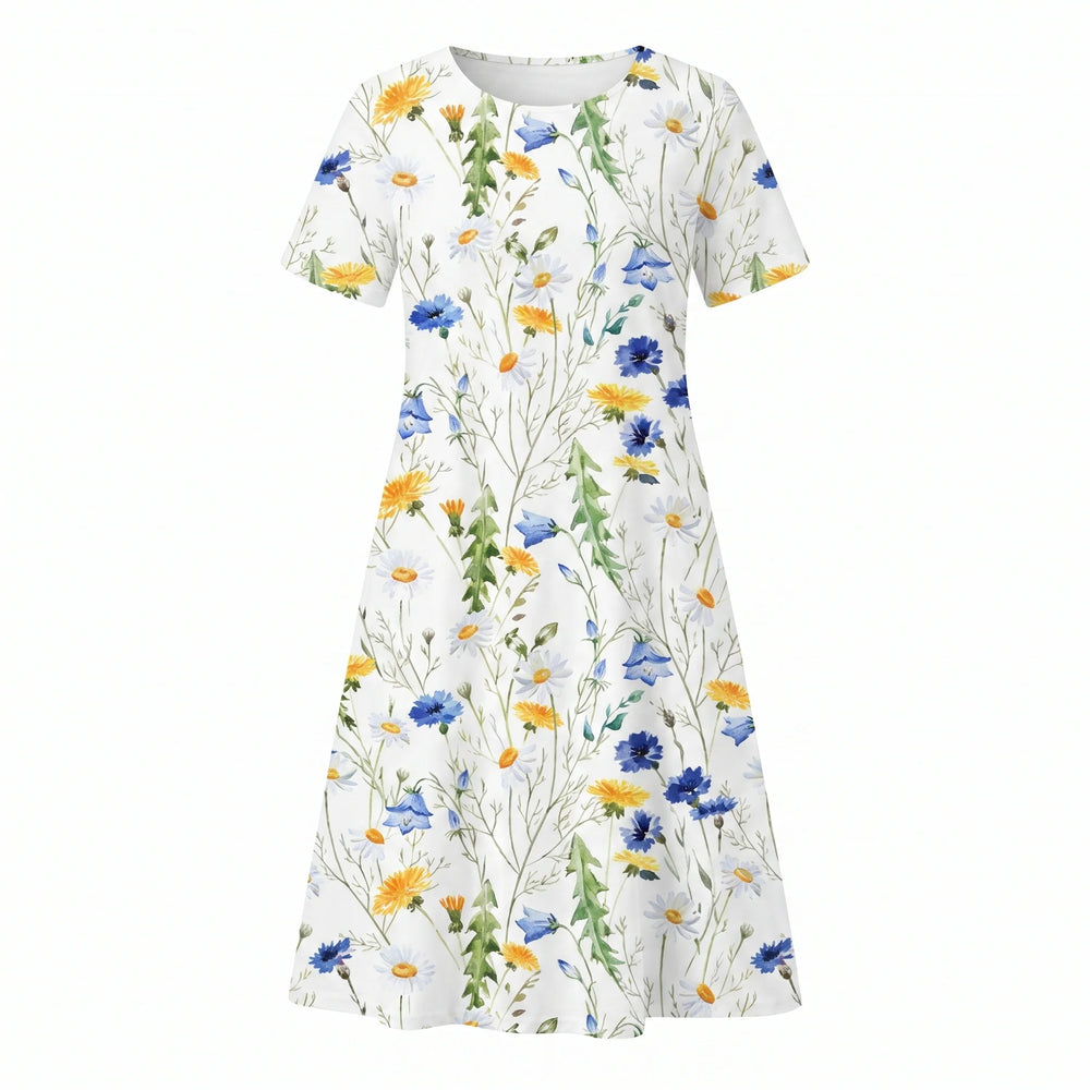 Close-up view of floral midi dress pleated bodice and round neckline detail