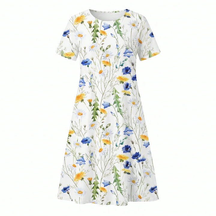 Close-up view of floral midi dress pleated bodice and round neckline detail