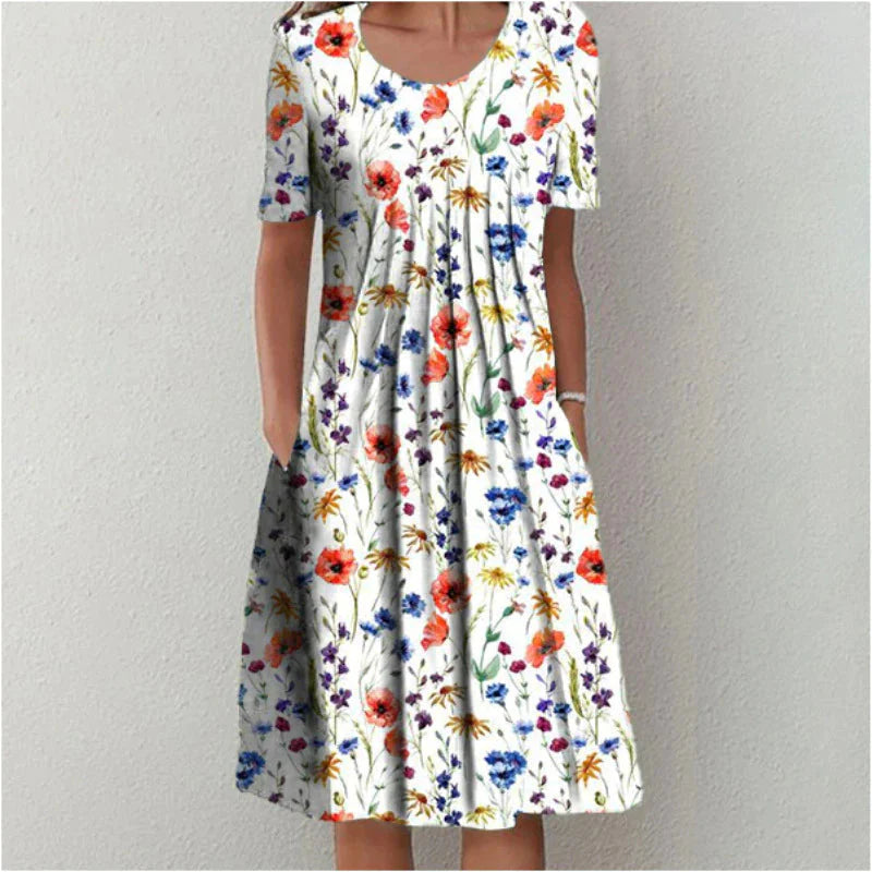 Floral midi dress shown from multiple angles demonstrating fit and drape