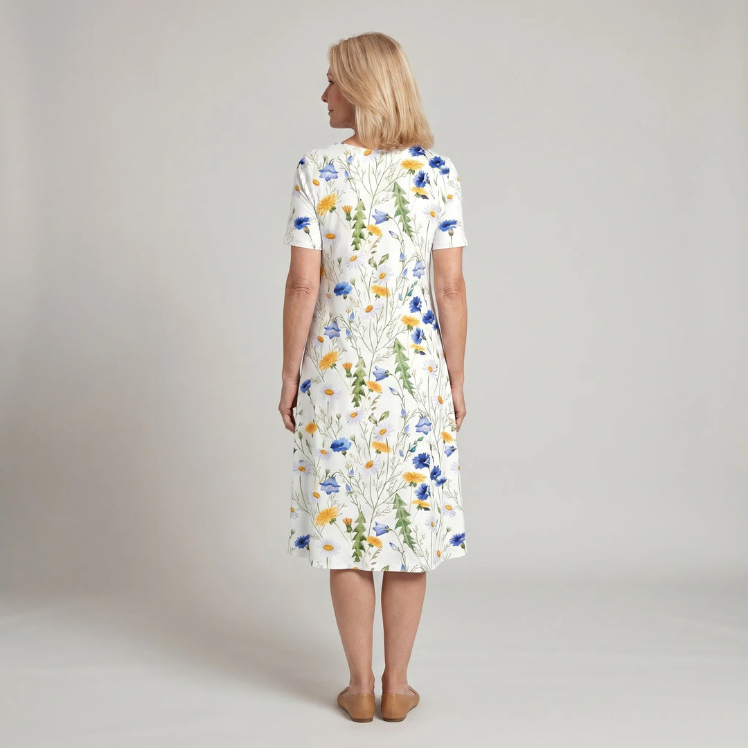 Back view of floral midi dress with short sleeves and slip-on style