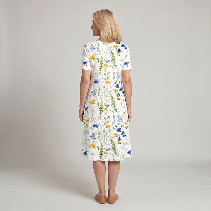 Back view of floral midi dress with short sleeves and slip-on style