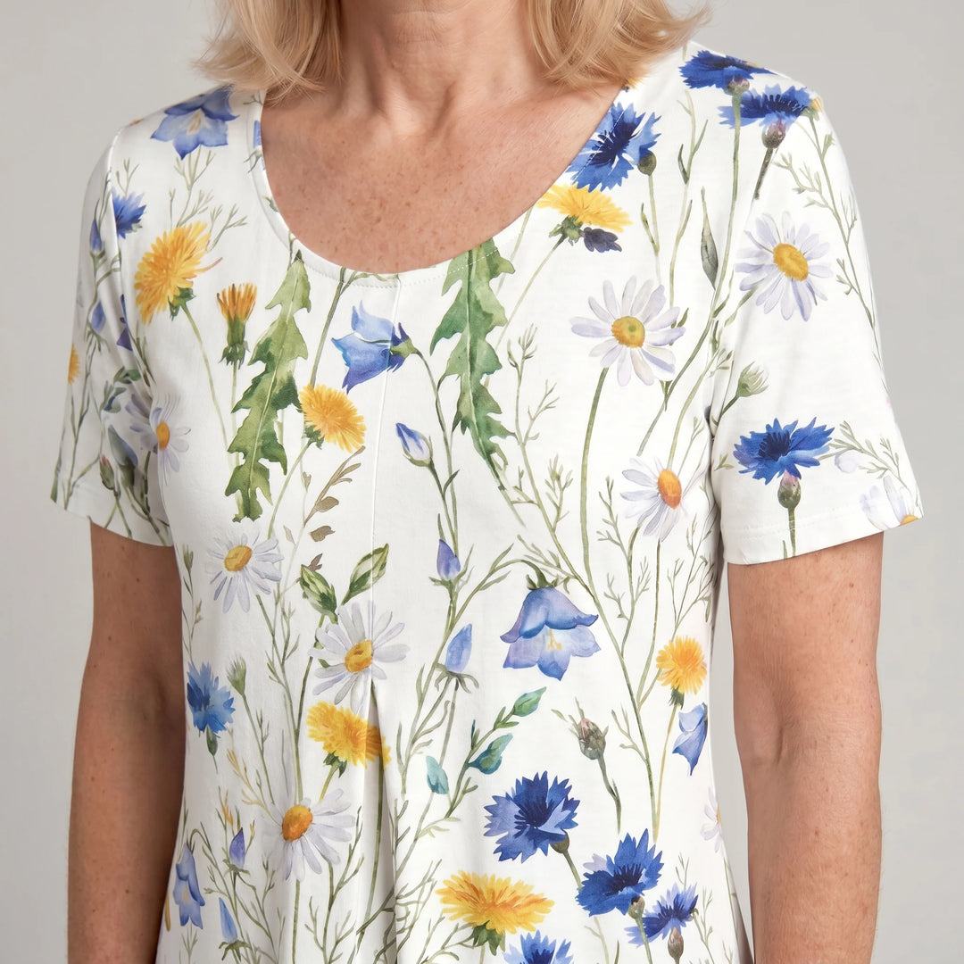 Detail shot of floral print pattern with blue and yellow blooms on white background