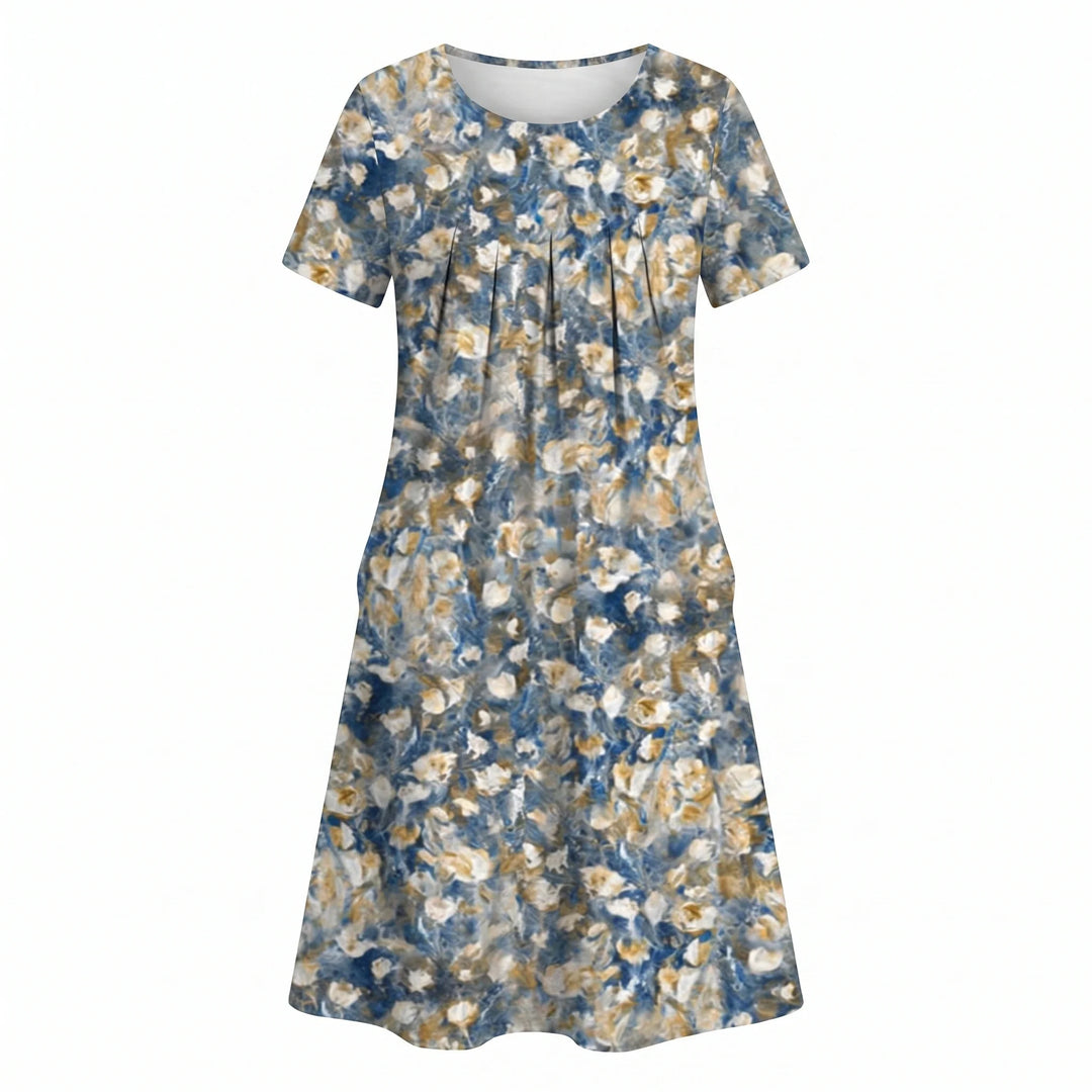Full-length view of floral midi dress A-line silhouette and pleated bodice