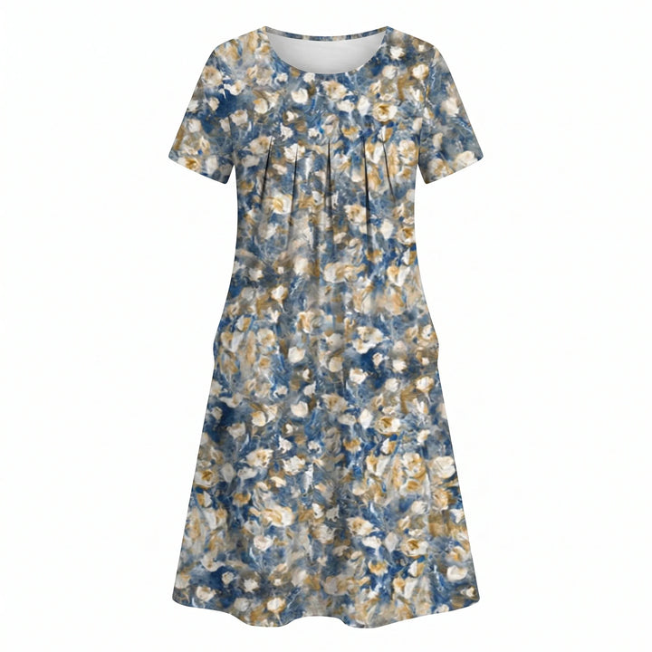 Full-length view of floral midi dress A-line silhouette and pleated bodice
