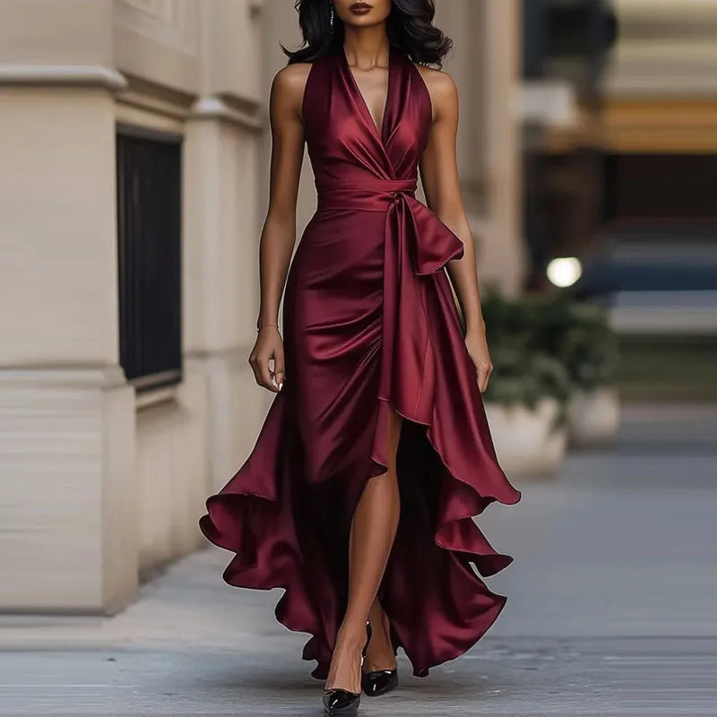 Halter satin maxi dress in motion showing flowing high-low hem and graceful movement of fabric