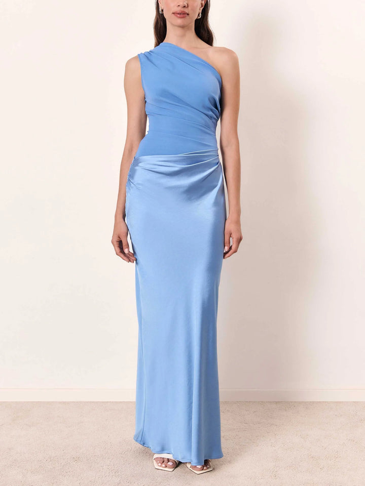 One shoulder pleated party maxi dress in brown with satiny finish and graceful movement