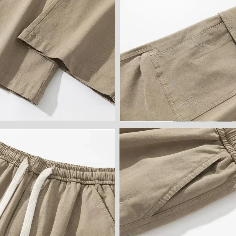 Men's cargo pants showing roomy fit through hip and thigh with structured fabric