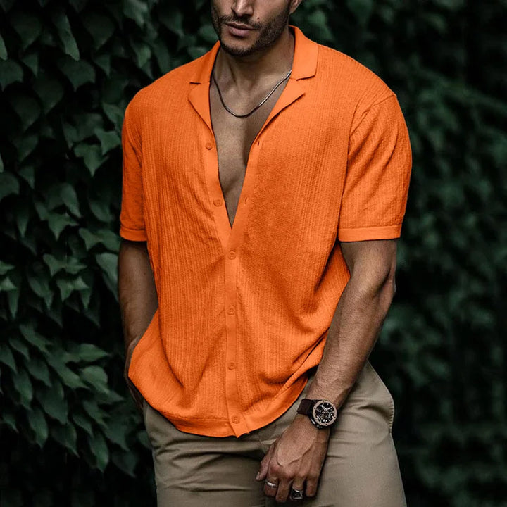 Full view of men's camp collar button-up shirt in light blue