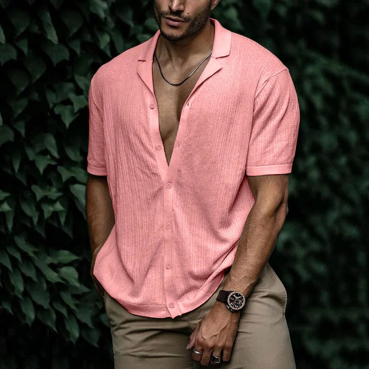 Casual men's camp collar shirt paired with chinos for everyday wear