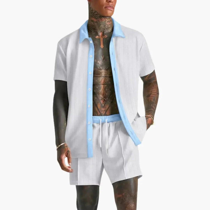 Men's summer shirt and shorts set with contrasting collar worn over casual wear