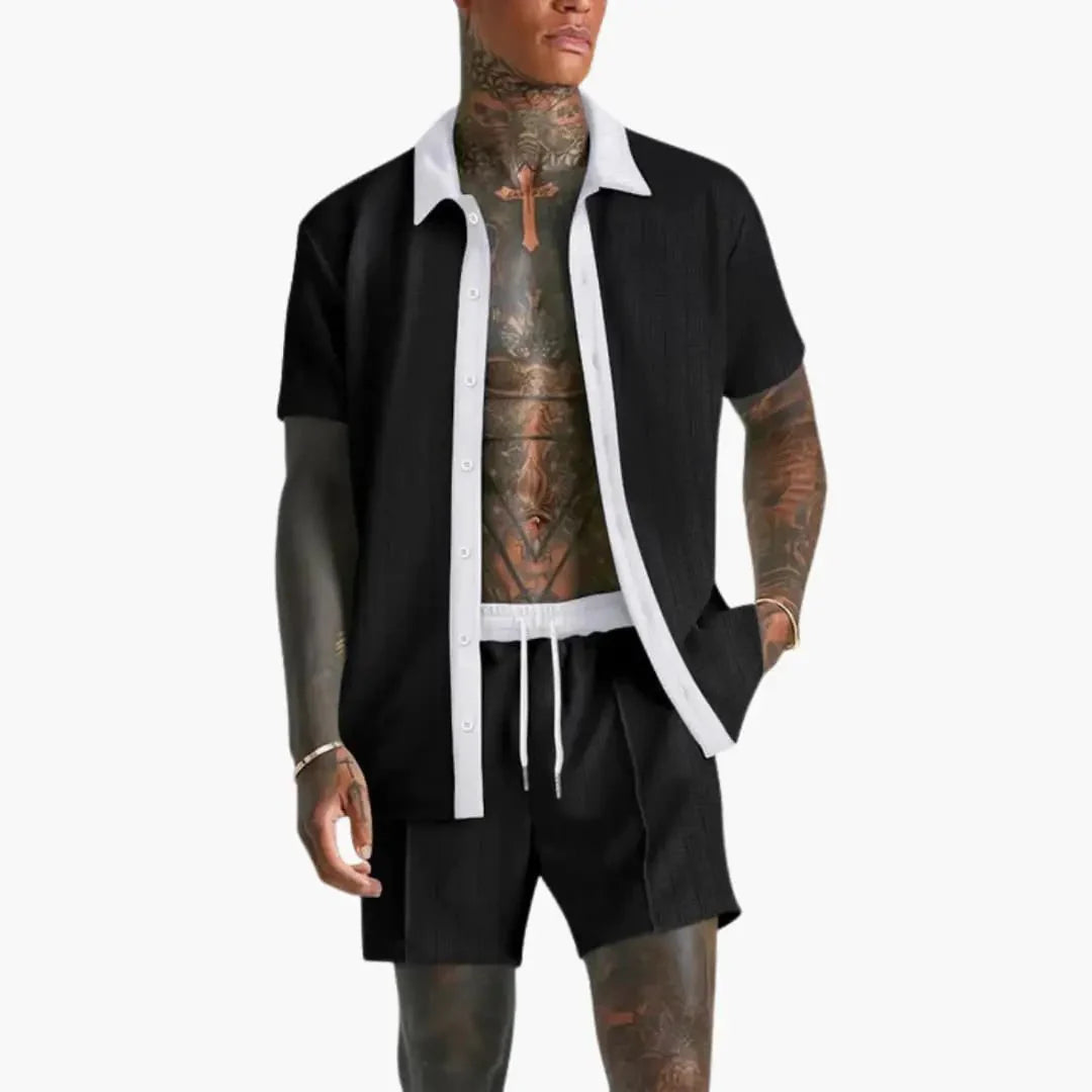 Close-up view of men's summer shirt and shorts set showing contrasting trim detail
