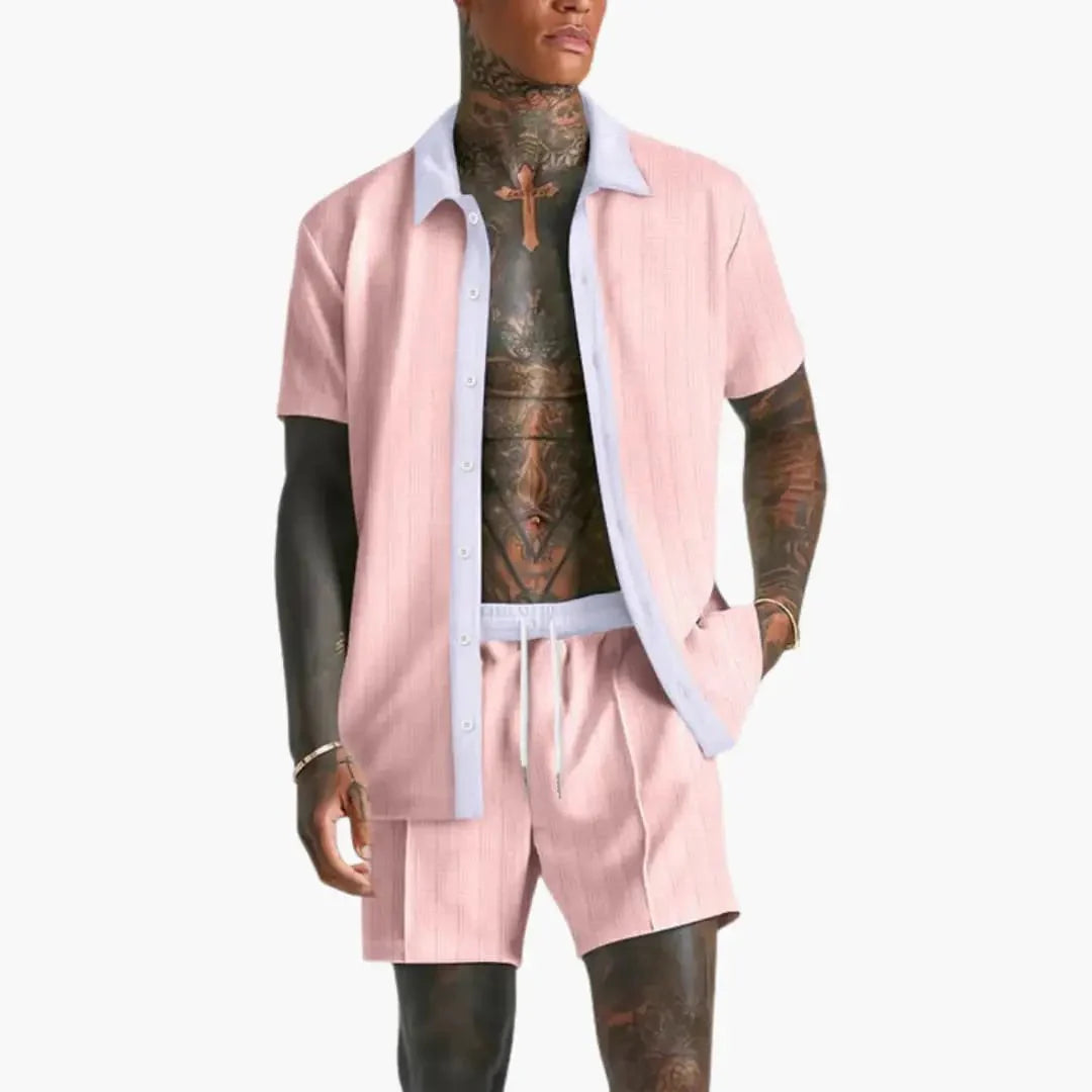 Side angle of men's relaxed fit summer shirt and shorts set