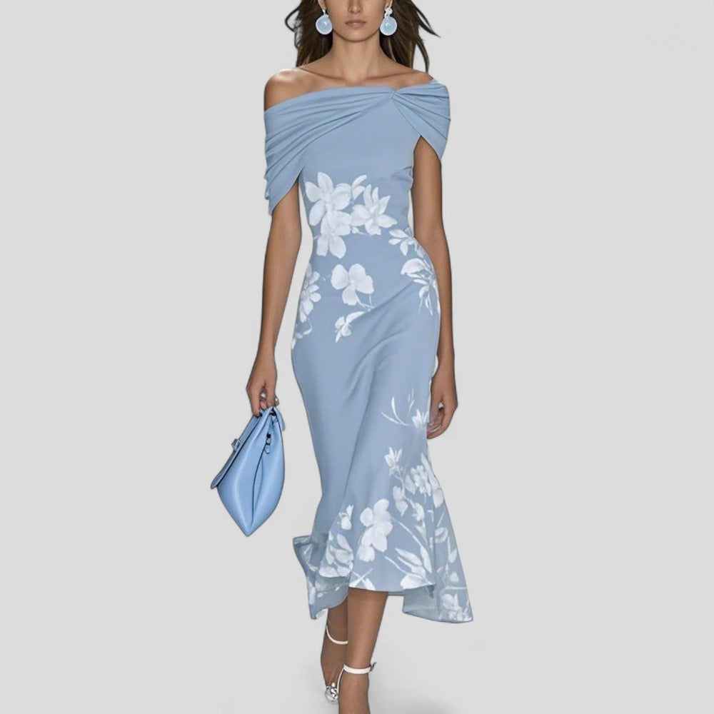 Front view of Elegant Midi Dress showing fitted silhouette with flared hem and botanical print details