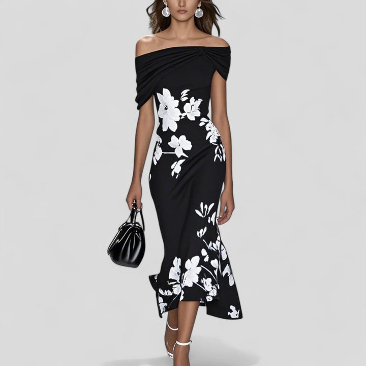 Full-length view of sage green Elegant Midi Dress with draped off-shoulder design and floral pattern