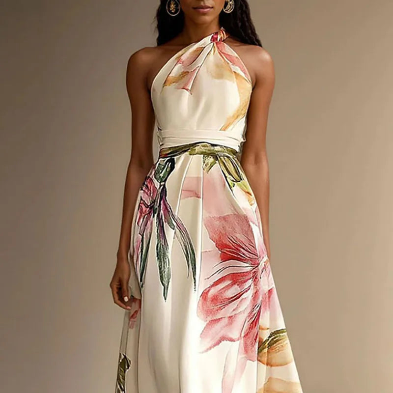 Close-up view of Floral Wedding Guest Maxi Dress showing large-scale pink and gold floral print with high waist detail