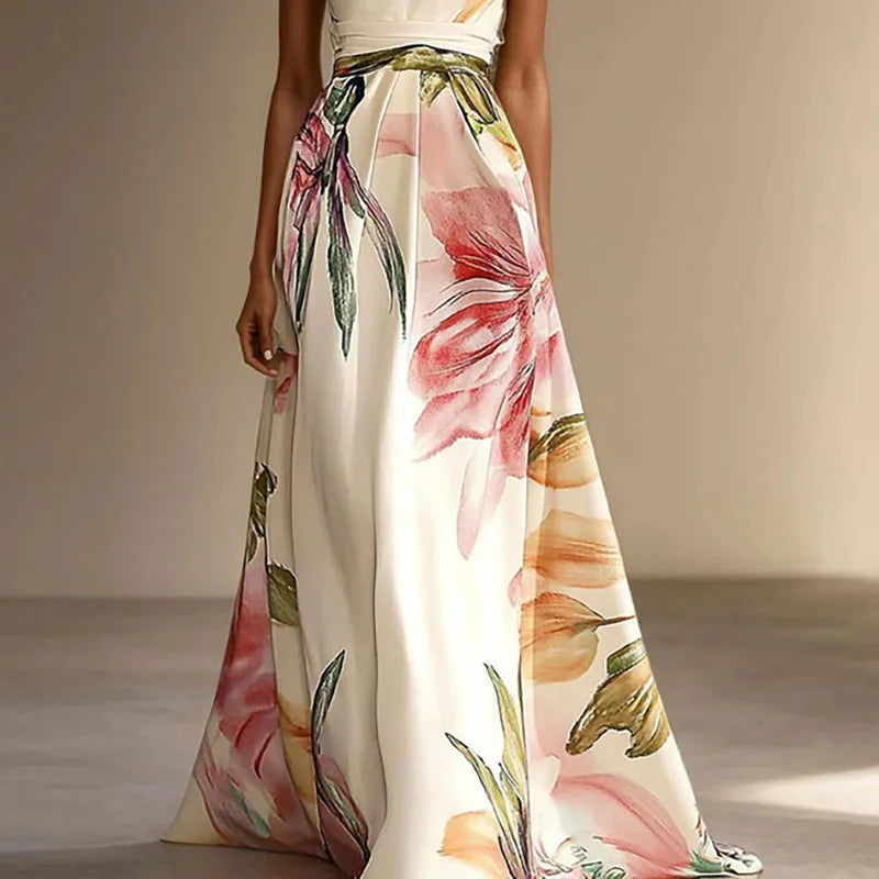 Side view of halter neck Floral Wedding Guest Maxi Dress with flowing A-line silhouette and floor-length hem