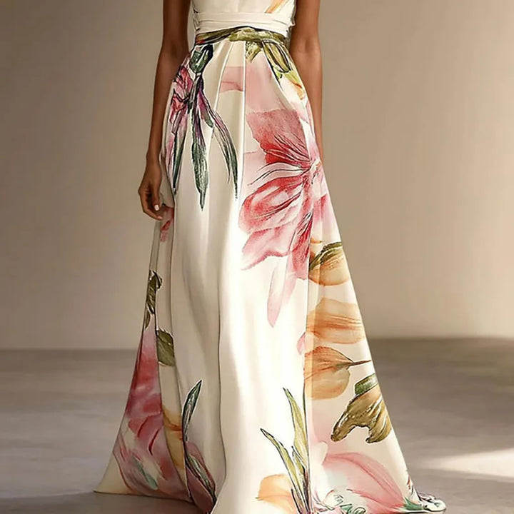 Side view of halter neck Floral Wedding Guest Maxi Dress with flowing A-line silhouette and floor-length hem