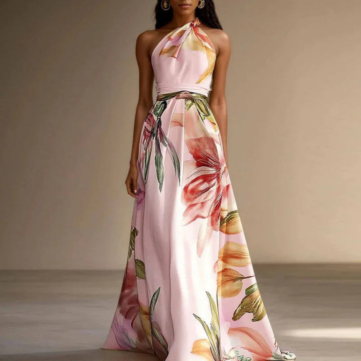 Back view of Floral Wedding Guest Maxi Dress featuring halter tie closure and full-length flowing skirt
