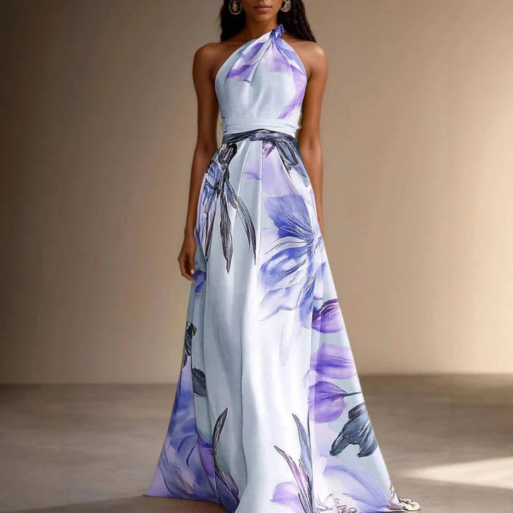 Full-length view of woman in Floral Wedding Guest Maxi Dress showing fluid drape and botanical print design