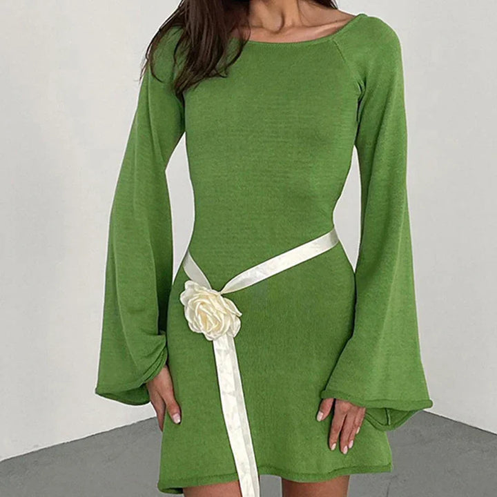 Full length view of above-the-knee mini dress with long sleeves and flared cuffs