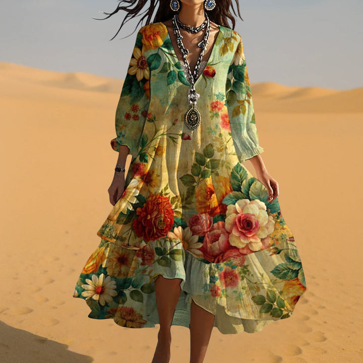 Full-length view of tiered hem floral midi dress with relaxed flowing silhouette