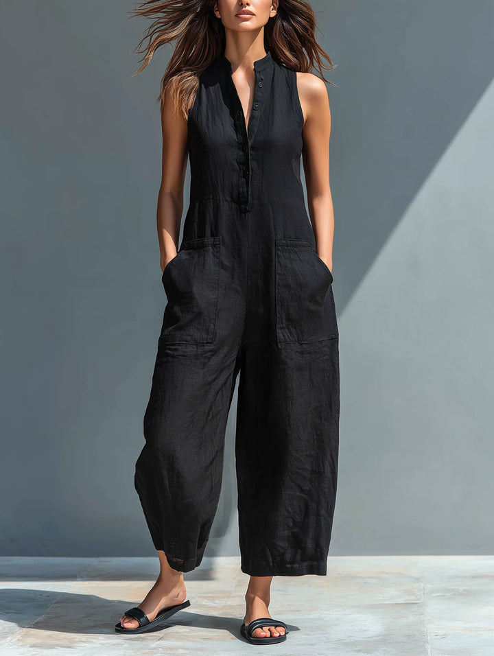 Black sleeveless loose-fitting jumpsuit with stand collar and button-up front closure for women