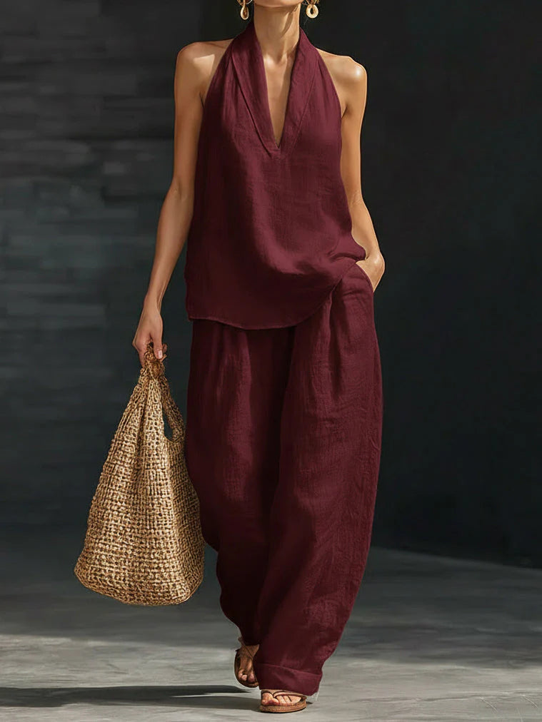 Side view of halter neckline two-piece set showing relaxed fit and wide leg pants drape