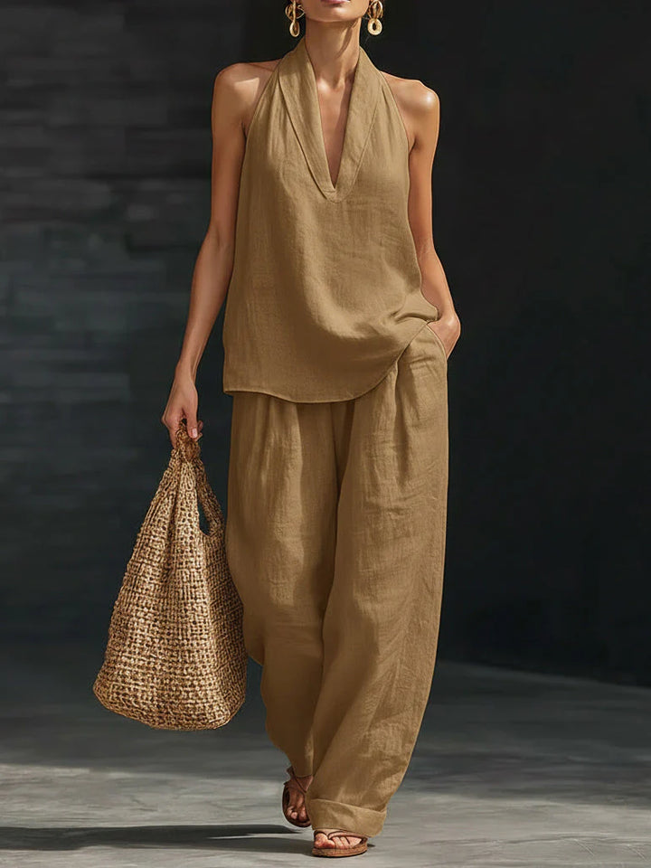 Close-up of halter top with tie closure at neck and sleeveless design detail