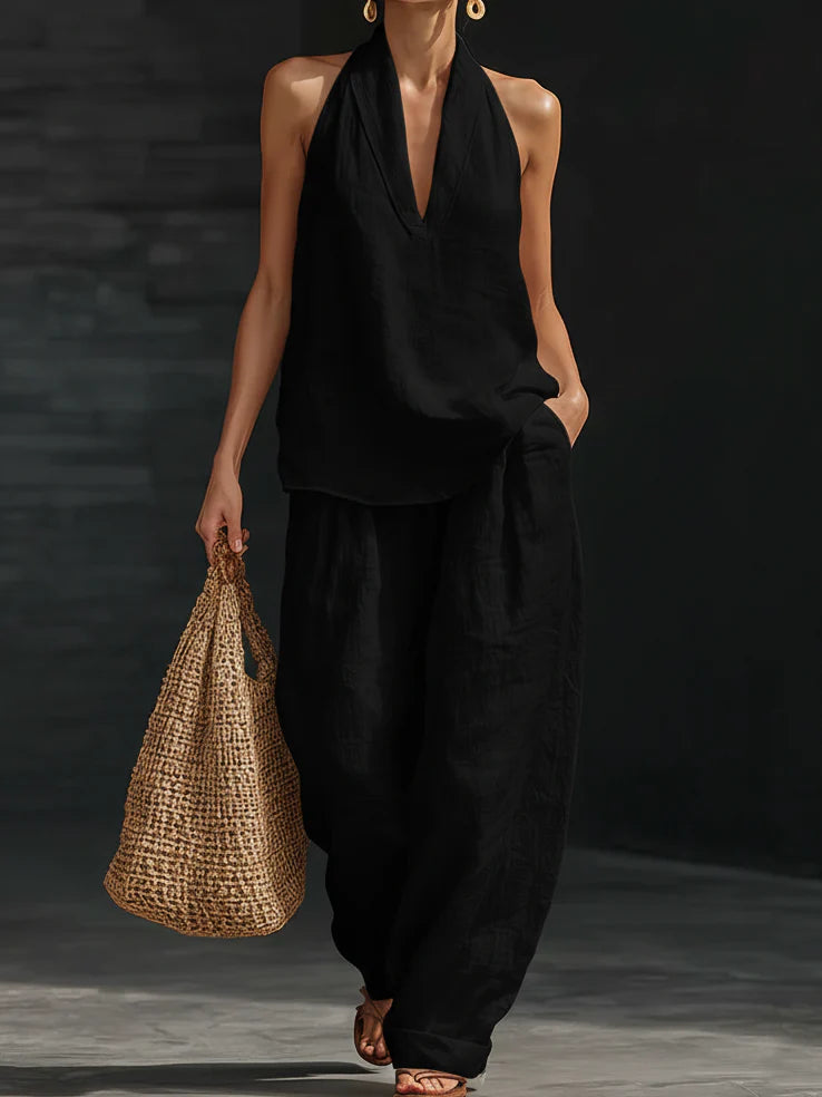 Full-length view of wide leg pants with elastic waist and flowing fabric movement