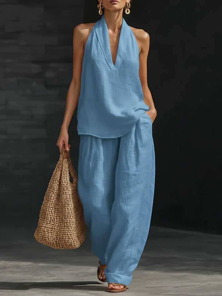 Back view of halter top showing open back design and tie fastening at nape
