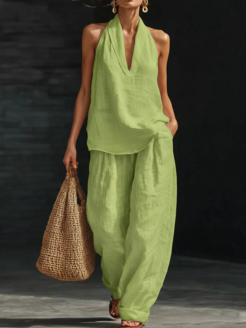 Detail of lightweight woven fabric texture and smooth finish on two-piece set