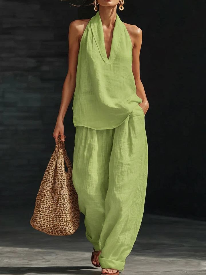 Detail of lightweight woven fabric texture and smooth finish on two-piece set