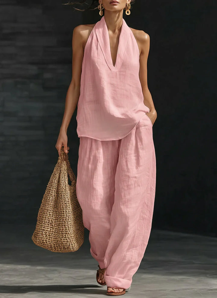 Women's casual halter set styled with sandals for relaxed summer outfit inspiration