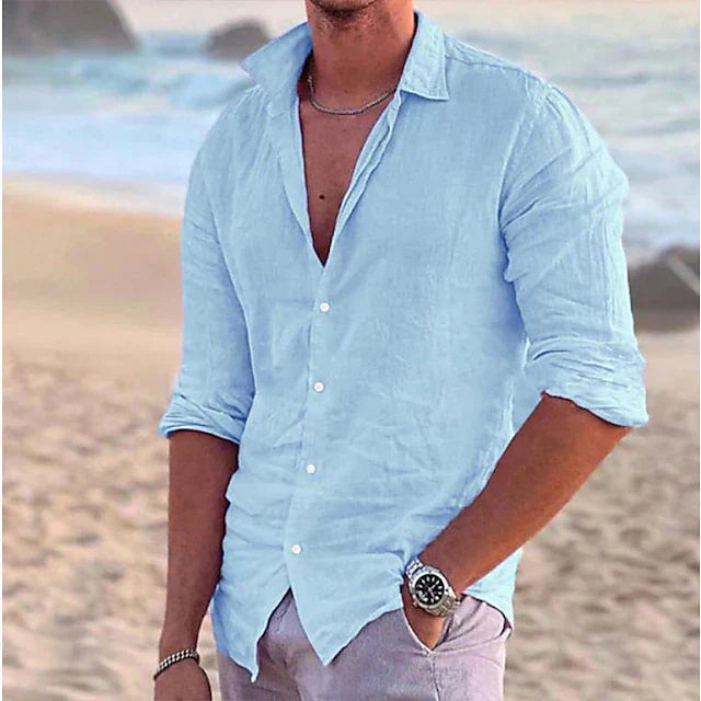 Men's linen shirt worn open over t-shirt for casual styling option