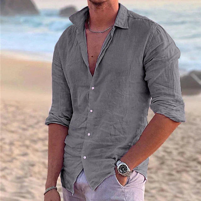 Close-up of men's linen shirt fabric texture and button detail