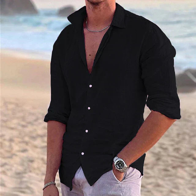 Man wearing men's button-up linen shirt styled with shorts for summer outfit
